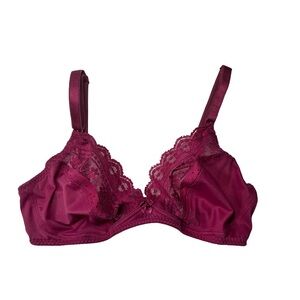 Vassarette Lace-Trim Wireless Bra Bralette Deep Berry Burgundy, size 38C